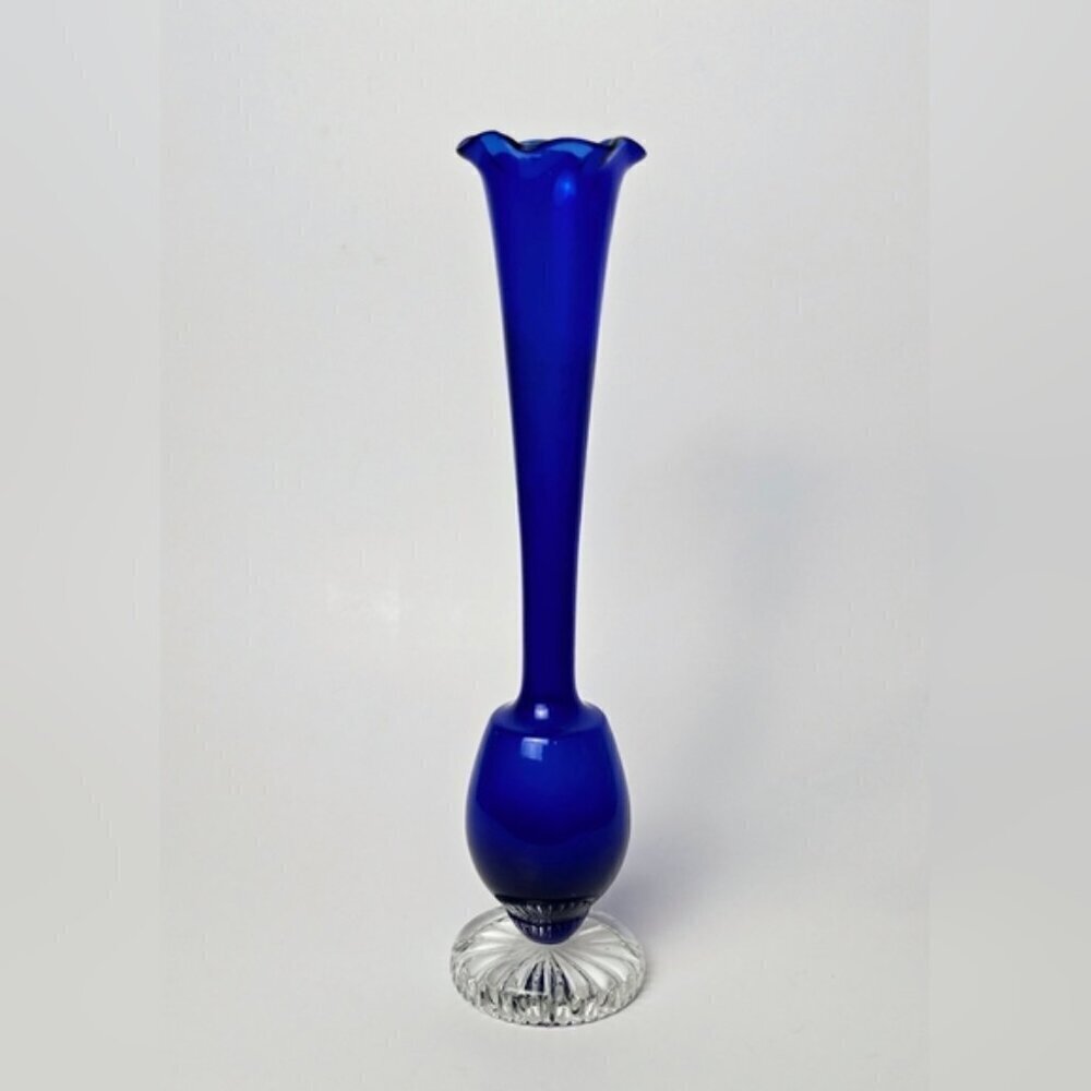 Vintage Cobalt Blue Ombre Hand Blown Art Glass Bud Vase Ruffled Rim